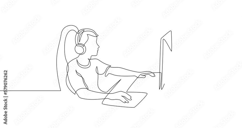 Animation of an image drawn with a continuous line. The guy in the headphones sits at a computer. Abstract image of a gamer. Animation of an image drawn with a continuous line. The guy in the headphones sits at a computer. Abstract image of a gamer.