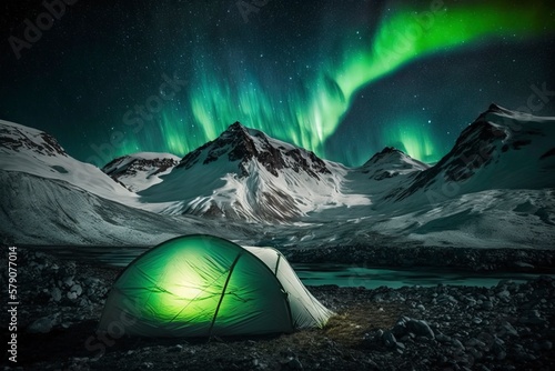 Bright tents in the field and snow mountains in the distance. AI technology generated image