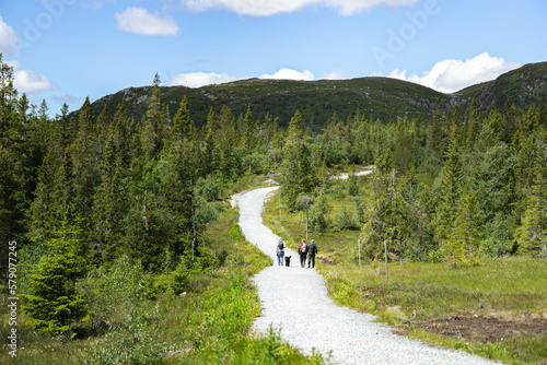 Tourists climb the mountain photo