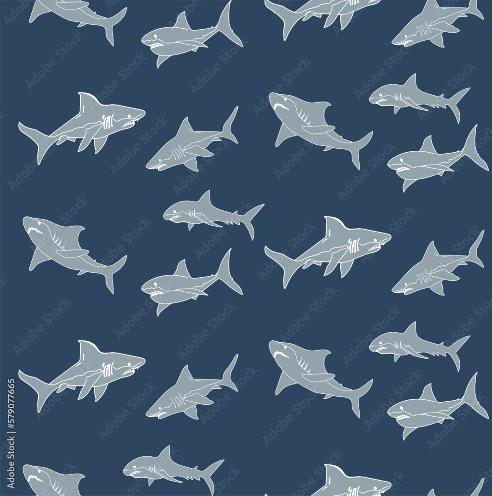 Fototapeta premium Abstract Hand Drawn Sharks Seamless Ocean Pattern Perfect for Allover Swimwear Fabric or Wrapping Paper Doodle Style Cute Fishes Vector Design Trendy Fashion Colors