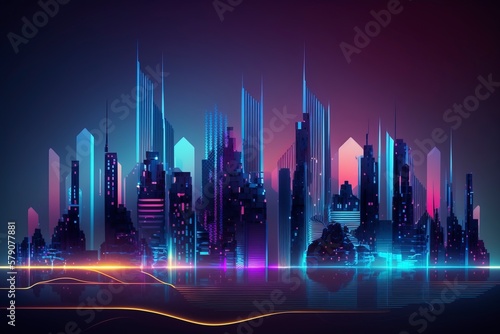 Neon Shining Future Urban Architecture. AI technology generated image