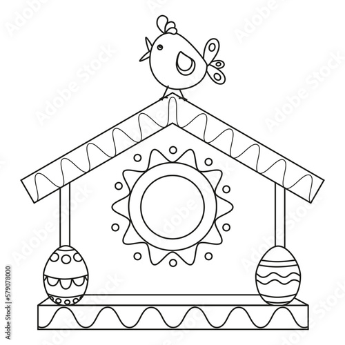 Bird feeder, birdhouse, with Easter eggs with ornament, bird, chicken. Line art.