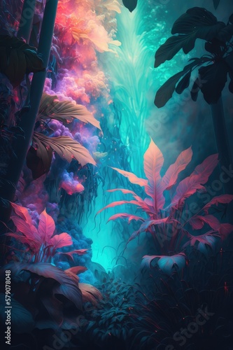 Colourful jungle background made with generative ai