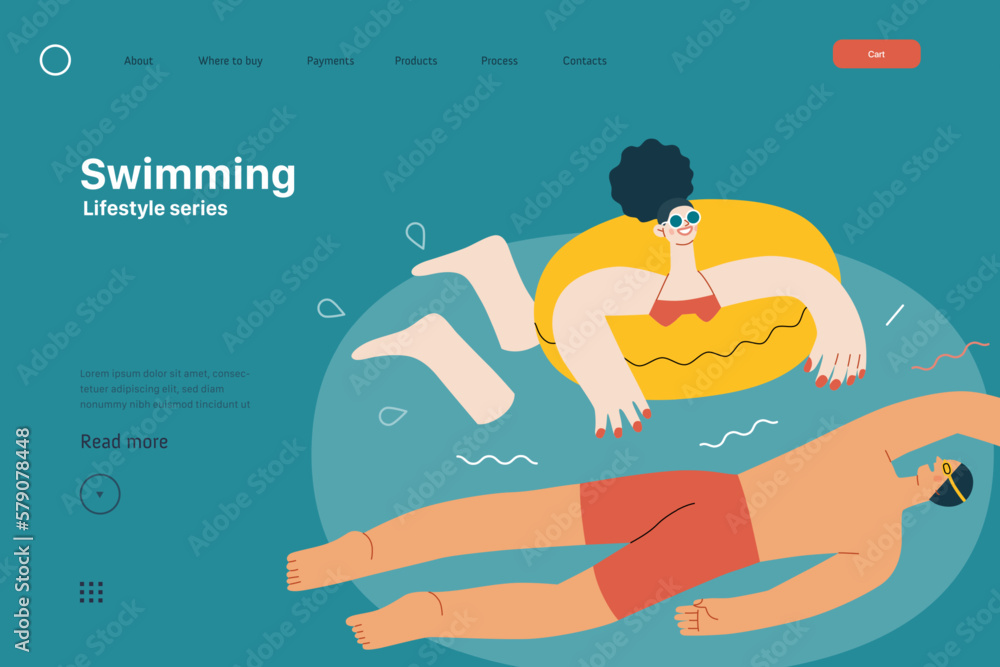 Fototapeta premium Lifestyle website template - Swimming - modern flat vector illustration of a man and a woman swimming in the pool. People activities concept