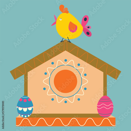 Bird feeder, birdhouse, with Easter eggs with ornament, bird, chicken.