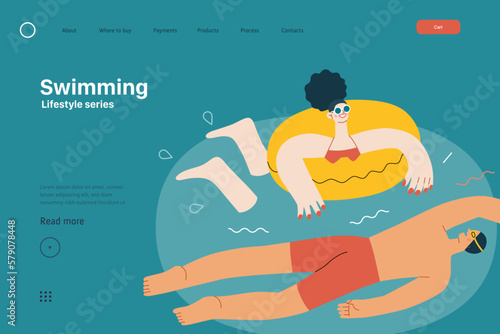 Lifestyle website template - Swimming - modern flat vector illustration of a man and a woman swimming in the pool. People activities concept