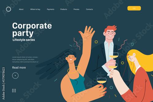 Lifestyle website template - Corporate party - modern flat vector illustration of business people entertaining in the office at corporate, drinking champagne. People activities concept