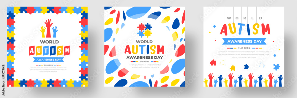 World autism awareness day social media post banner design template set. World autism day colorful puzzle vector banner. Symbol of autism. autism Health care Medical flat background of April 02