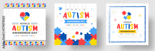 World autism awareness day social media post banner design template set. World autism day colorful puzzle vector banner. Symbol of autism. autism Health care Medical flat background of April 02