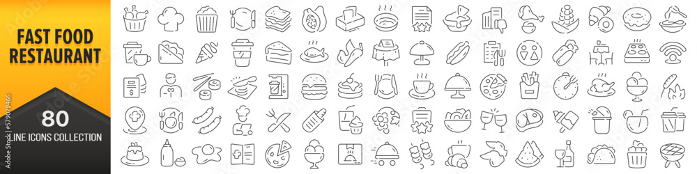 Fast food and restaurant line icons collection. Big UI icon set in a flat design. Thin outline icons pack. Vector illustration EPS10