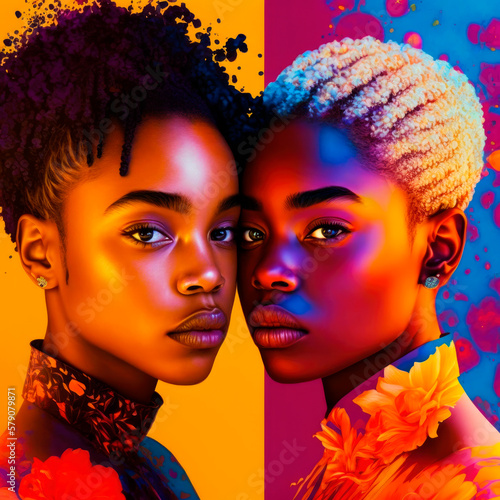 Two Black Women Embracing, Faces Illuminated by Vibrant Blue, Orange, and Pink Lights photo