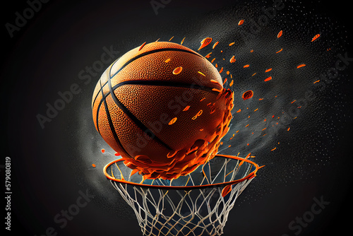 Original The orange basketball ball flies through the basket. Generative Ai © hassanmim2021