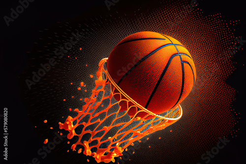 The orange basketball ball flies through the basket. Generative Ai © hassanmim2021