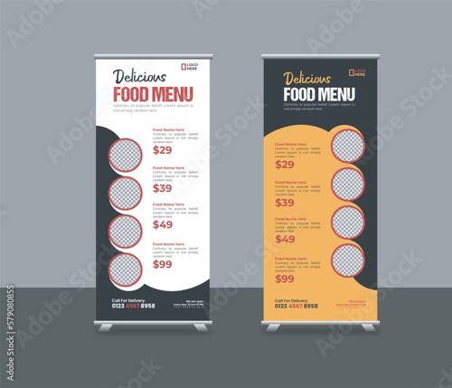 Food roll-up banner template or restaurant services promotion x stand rollup pull-up retractable signage banner design