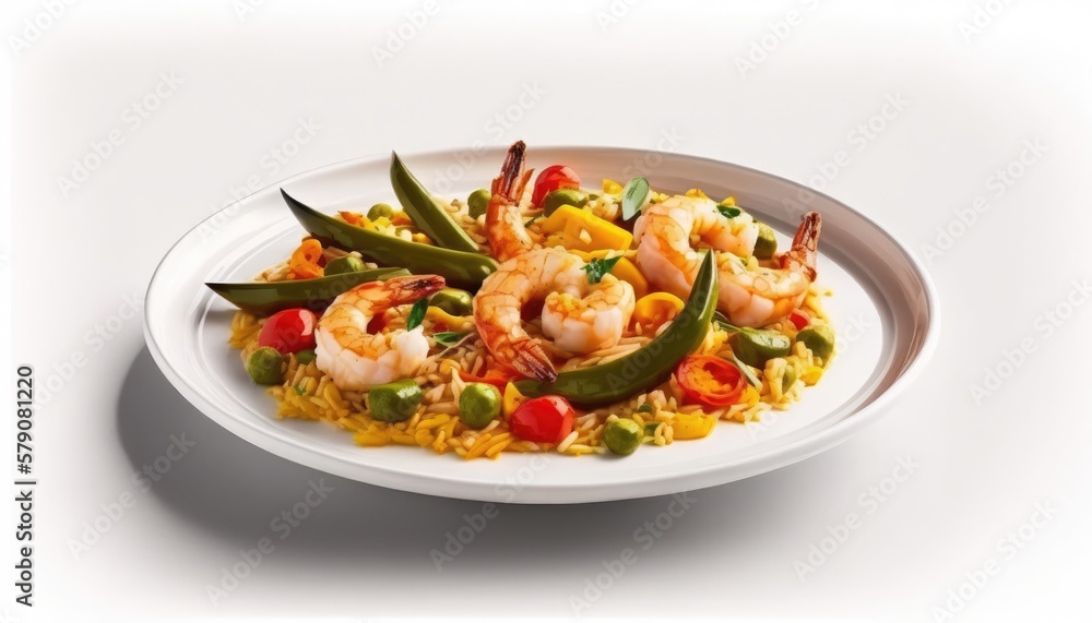 A plate of paella with shrimp, chicken, and vegetables on White Background with copy space for your text created with generative AI technology A plate of paella with shrimp, chicken, and vegetables on White Background with copy space for your text created with generative AI technology