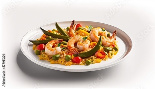 A plate of paella with shrimp, chicken, and vegetables on White Background with copy space for your text created with generative AI technology
