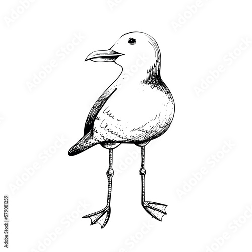 Sea gull. Isolated object drawn by hand in graphic technique. Vector illustration for summer, nautical and beach decoration and design.