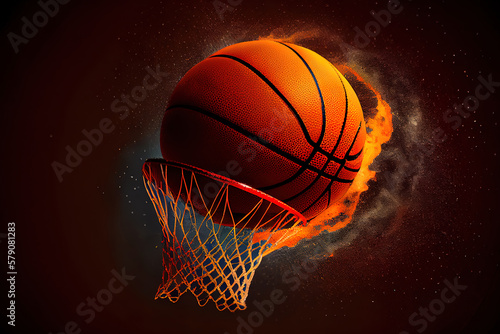 The orange basketball ball flies through the basket. Generative Ai © hassanmim2021