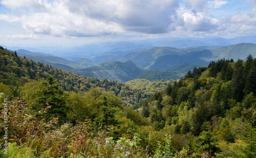 Great Smoky Mountains, United States. Hills with trees, blue cloudy skies. 