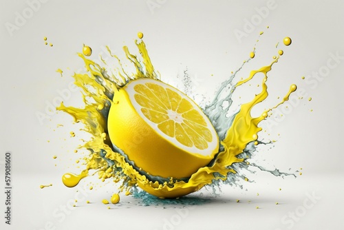 Lemon exploding on a white background. AI technology generated image