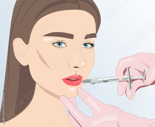 Cosmetologist does lip augmentation procedure of a beautiful woman. Cosmetology concept. vector image	
