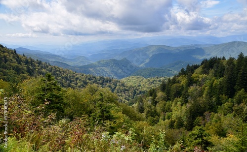 Great Smoky Mountains, United States. Hills with trees, blue cloudy skies.  © Andy