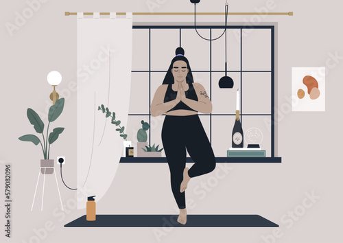 A young female character practicing yoga at home, a tree pose