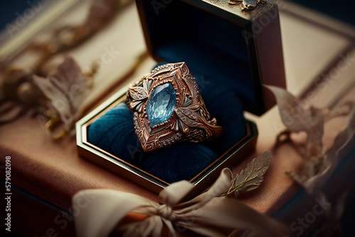 Beautiful luxury ring with stones close-up. Jewelry, macro photography.  generative AI tools.  © ksu_ok