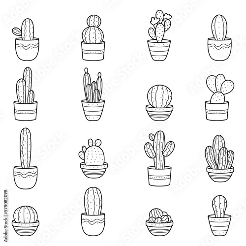 Cactus set. A collection of cute minimalistic potted plants. Simple linear clipart illustrations. Logos and emblems for a flower shop. Clipart for packaging design