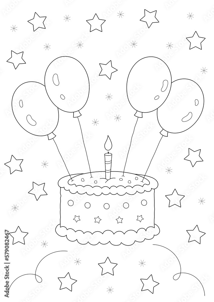 birthday cake and balloons. coloring page that you can print on A4 ...