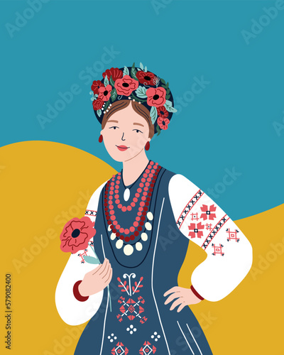 Ukrainian beautiful woman in traditional native clothes, The Folk Costume with poppy and wreath on the background of a blue yellow background