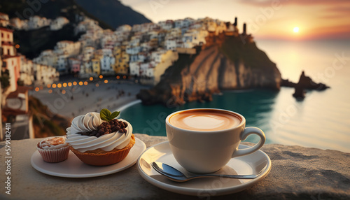 Cup of coffee with dessert on background of picturesque Italian coast. Based on Generative AI