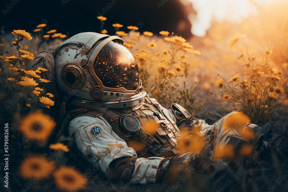 Astronaut lies in flower field, astronaut in spacesuit, astronaut rests in middle of flower field, generative ai