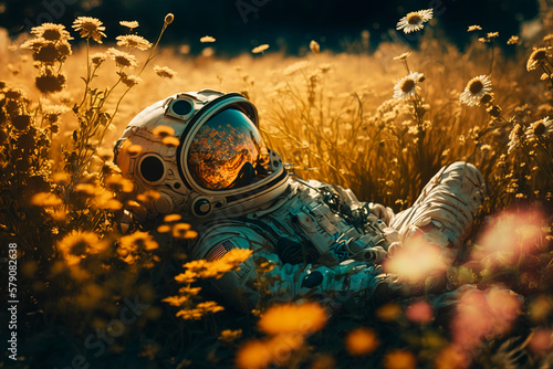 Astronaut lies in flower field, astronaut in spacesuit, astronaut rests in middle of flower field, generative ai