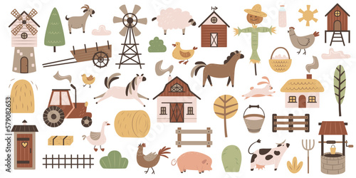 A large collection of farm or ranch objects, animals, plants and equipment. Set of cute flat elements for design. Rural lifestyle. Color simple clipart. Country household items