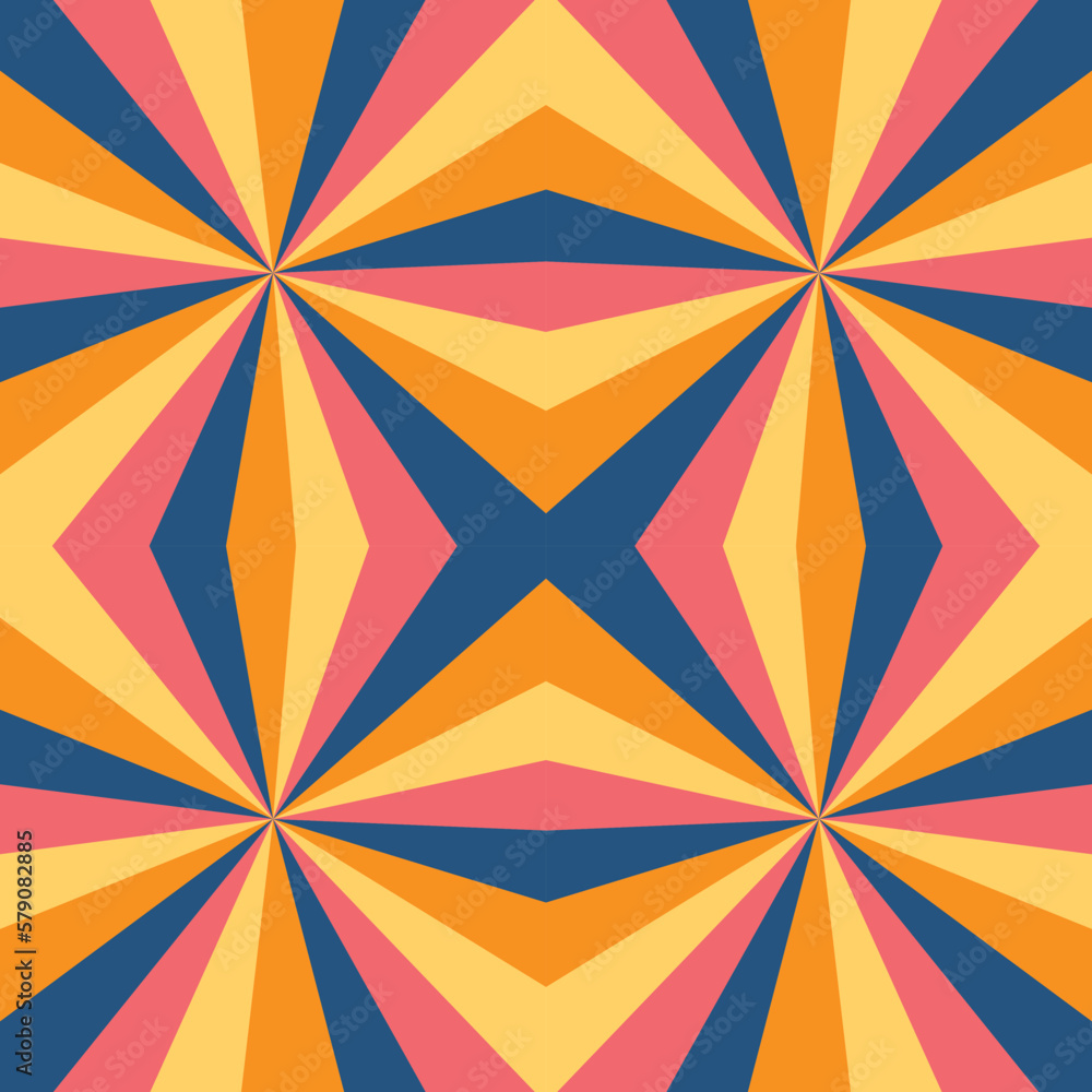Psychedelic beam 70's Groovy Squares Seamless Repeat Pattern. Orange, yellow, pink and blue pastel colors retro surface pattern design. Trendy pattern for fabrics, clothing, backdrop, wallpapers.