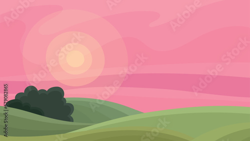 A charming rural landscape with a pink sunset or sunrise. Cartoon flat background with hills and fields. A simple minimalistic landscape. Countryside
