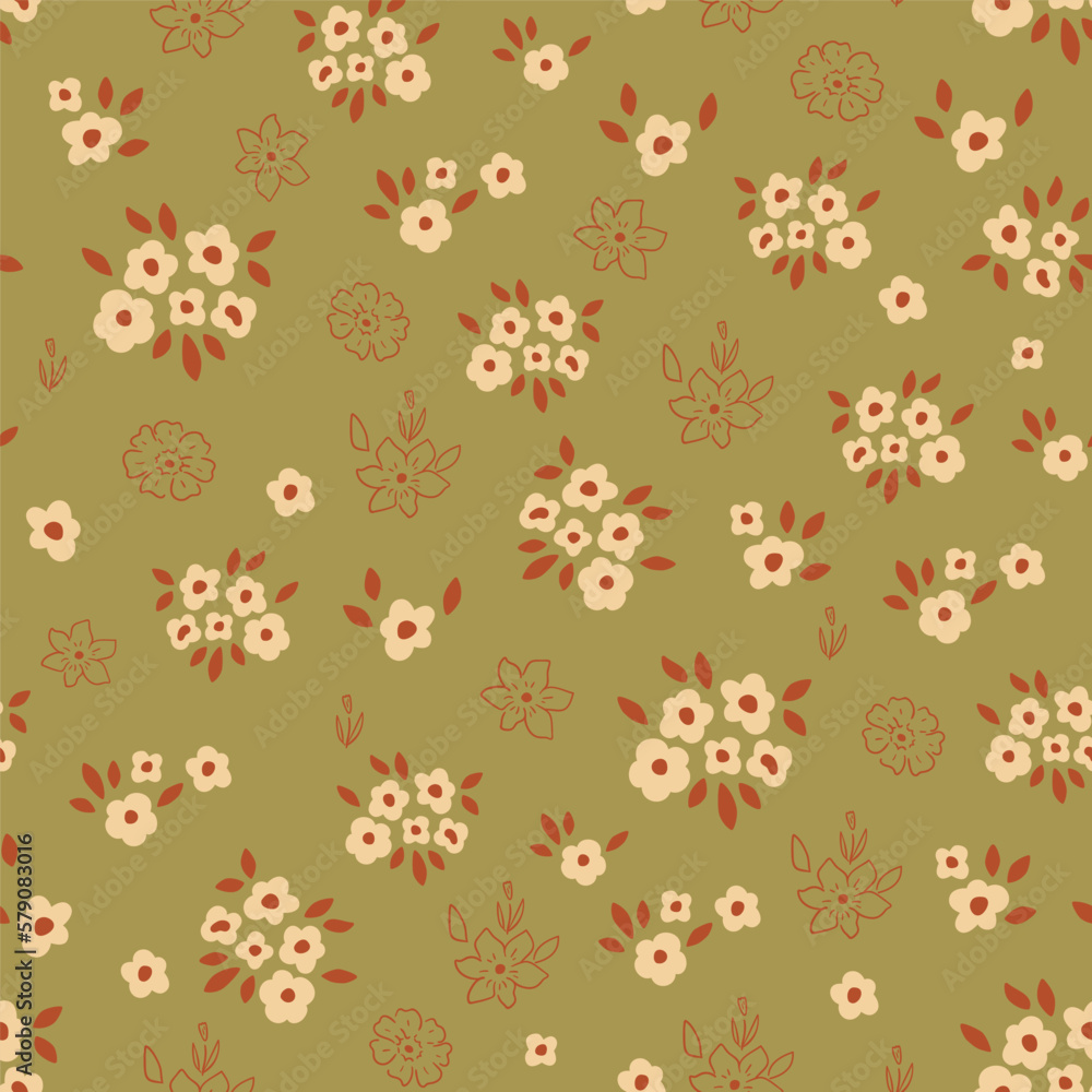 Tiny flowers summer surface pattern design. Vector cute little floral bouquet on green repeat background. Summer garden ditsy print, spring floral print, nature textile, fabric, gentle wallpaper.