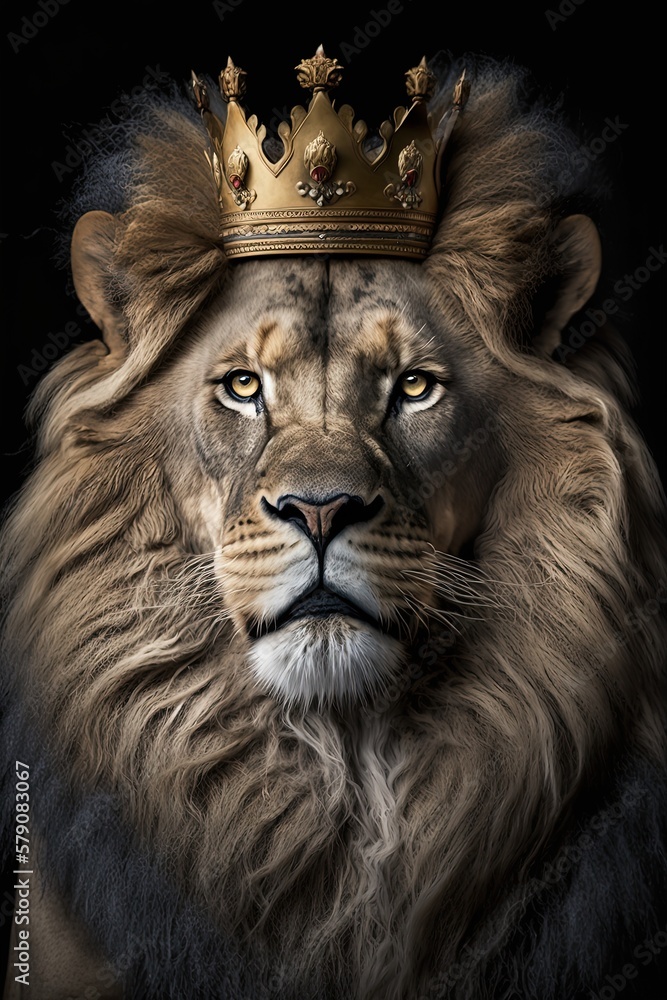 King Lion wearing a crown - Animal kingdom concept - generative AI