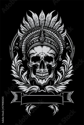 Indian skull black and white hand drawn illustration