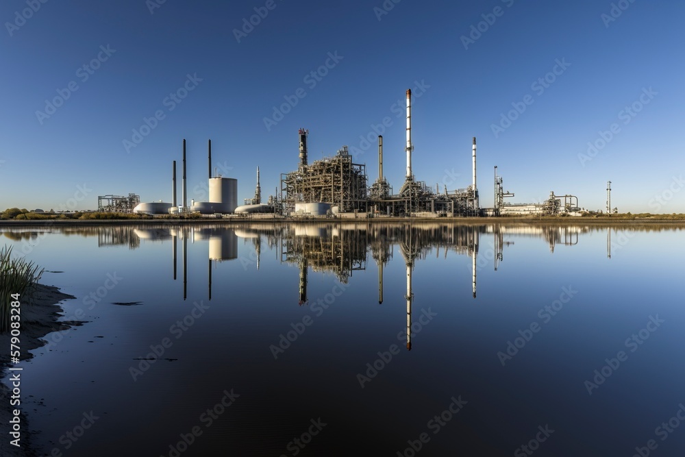 Refinery by the river. AI technology generated image