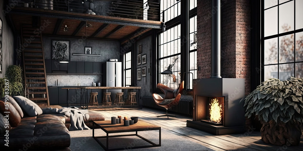 Fototapeta premium Modern home interior with fireplace, 3d render Generative AI