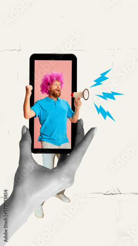 Young sport fan with smartphone in big phone. Online sports game. Man watching online sports broadcast. Virtual sports, betting person, live bet application service. Contemporary art collage, design