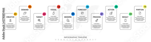 Ten rectangular vector line cards in a horizontal row. The modern concept of business model with 10 steps and icons. Minimal infographics design template. Flat illustration.