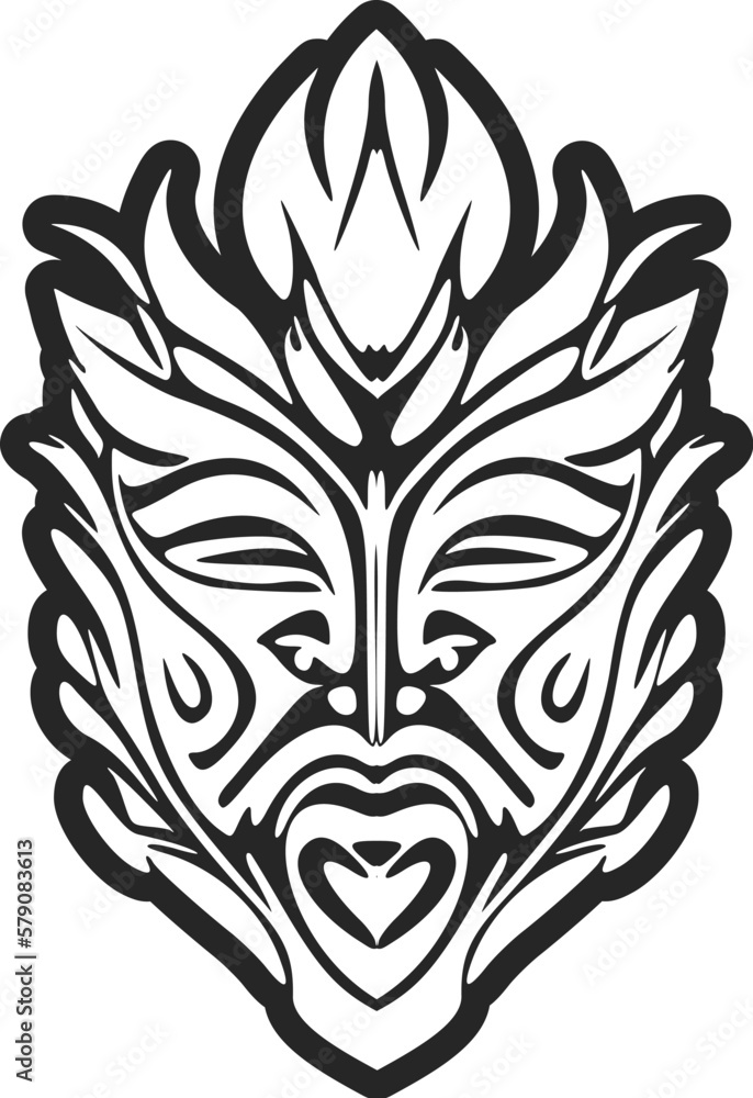 Vector illustration of a Polynesian mask tattoo in black and white