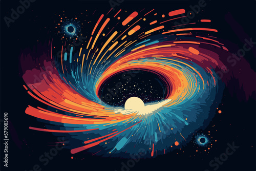 Space background. Colorful explosion on dark wallpaper. Vector art. Futuristic explosion. Black hole astronomy view. Wave of light. Shining motion stars nebula. Cartoon drawing night painting
