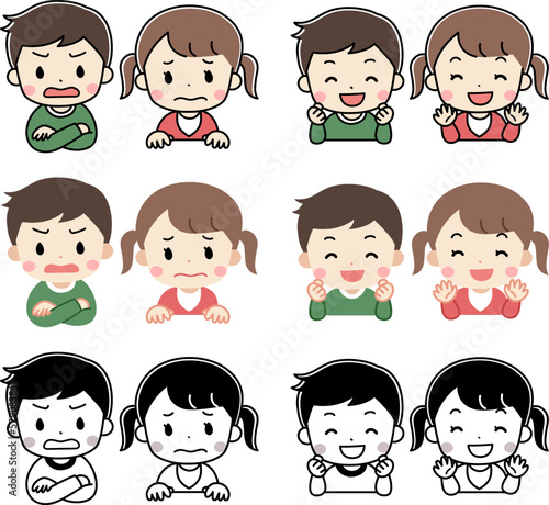 笑顔と困り顔の子供のイラストアイコンセット　上半身