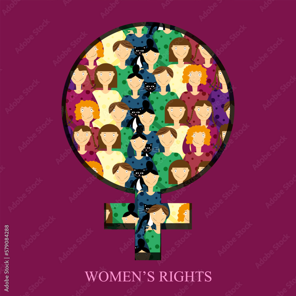 Women's rights movement concept. Card with female symbol in cut out paper style with group of woman. Women's rights movement concept. Card with female symbol in cut out paper style with group of woman.