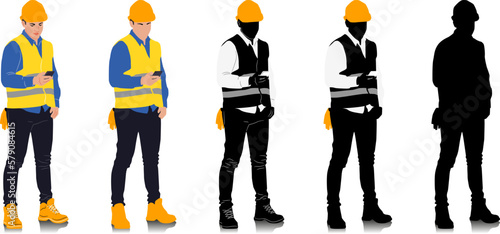 Construction worker holding smartphone wearing helmet and vest. Different color options. Worker silhouette. Hand-drawn vector illustration isolated on white. Full length view	