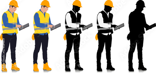 Construction worker holding tablet wearing helmet and vest. Different color options. Worker silhouette. Hand-drawn vector illustration isolated on white. Full length view	